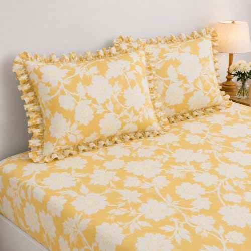 Image of King Size Fitted Bedsheet for Double Bed | 300 TC Cotton Feel Microfiber | All Around Elastic with 2 Frill Pillow Covers | Soft & Durable | (YellowFrill, Fitted - Double72x72)