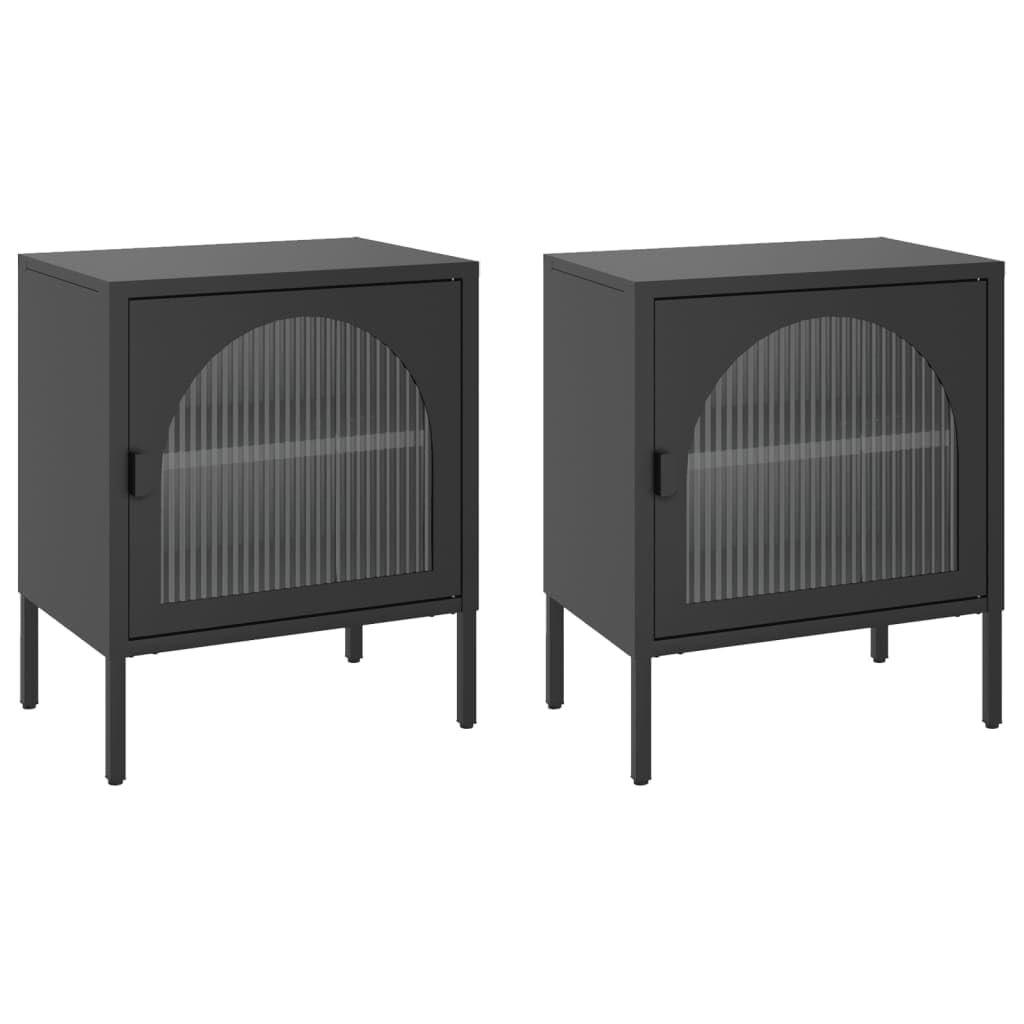 vidaXL Mesitas de Noche 2 uds, Mesas Auxiliares con Almacenaje, Soportes para Teléfono, Armarios de Cama para Dormitorio, Vidrio y Acero Negro