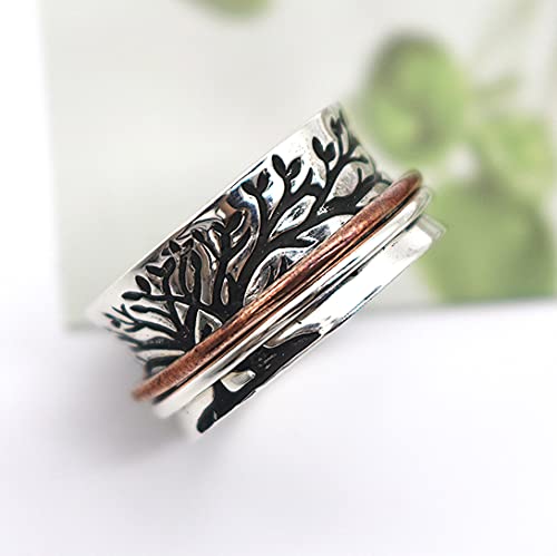 ENERGY STONE 925 Sterling Silver Fidget Ring | Couple Spinner Ring | Double Tree | Two People From Different Roots Grow to Become One | Promise Anniversary Engagement Wedding Silver Ring | Size 5-114