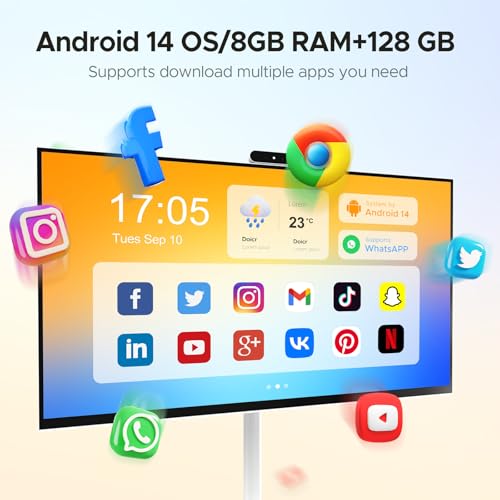Image of 32 Inch Portable TV with Touchscreen, Mobile Smart Screen on Wheels, Rolling TV Android Monitor, FHD IPS Large Display, 8+128GB, Wireless Mirroring, Adjustable Stand, for Home /Office