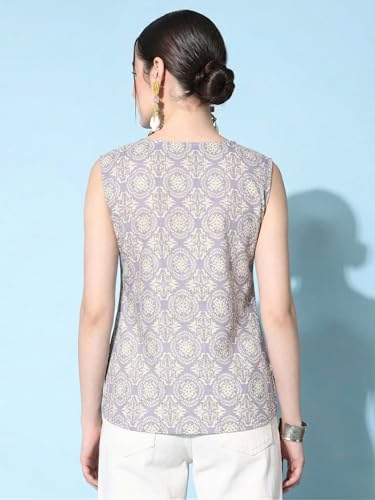 Image of Sleeveless Kurti for Women Pure Cotton Stylish Round Neck Printed Ethnic Short Kurti Jeans Top Casual Office