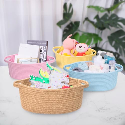 Image of ABenkle Small Basket with Handles, Boho Decorative Rope Woven Dog Cat Toy Storage Bin Shelf Storage Organizer, Easter Christmas Gift Basket, 12 inchx8 inchx5 inch