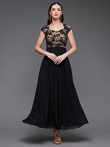 Image of Miss Chase Women's Round Neck Cap Sleeves Lace Knee -Long Skater Dress