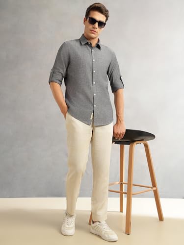 Image of Thomas Scott Men's | Solid | Premium Linen Blend | Spread Collar | Summer Wear | Long Sleeve | Shirts for Men
