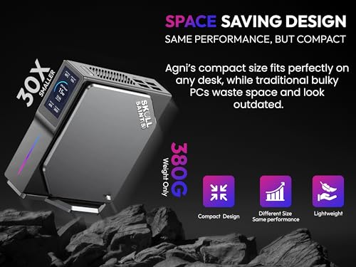 Image of SKULLSAINTS Agni Mini PC - Vibrant LCD Screen, M.2 SSD, Mini Tower with RGB Lights, WiFi 6, 4K UHD, Dual LAN for Home and Office (8+256, 13th Gen N150)