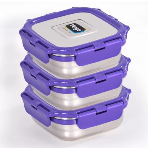 Image of Veigo Original Set Pack of 3 Stainless Steel Airtight & Leakproof Medium Lunch Box with Silicon Ring & Polymer Frame for Re-Heating|Safe Lid Lock|Square (330ML) Violet Purple