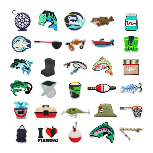 30 stycken tecknade skotillbehör, perforerade skotillbehör, tredimensionella tecknade skospännen och fiskeskotillbehör.