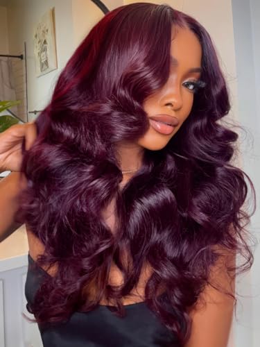 Image of Beauty Forever 13x4 Pre-Everything Lace Frontal Glueless Wig Human Hair Pre Plucked Pre Cut Black Cherry Loose Body Wave Drawstring Wig With Face Framing Layers Ready to Go Wigs 150% Density 24inch