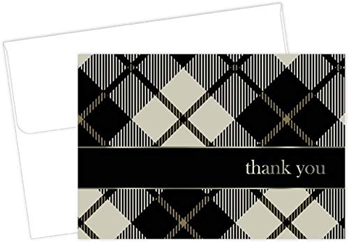 Image of Great Papers!, Black Plaid with Gold Foil Thank You Note Card and Envelope, 24 note cards and 24 envelopes, 4.875 inch x 3.375 inch (2015071)