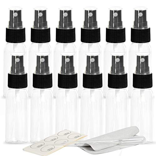 ZEJIA 1 oz Spray Bottle, 12 Pack Mini Spray Bottles, 30ml Small Spray Bottle Fine Mist Spray Bottles for Essential Oils, Travel, Perfumes, with Stickers, Tissues, Droppers