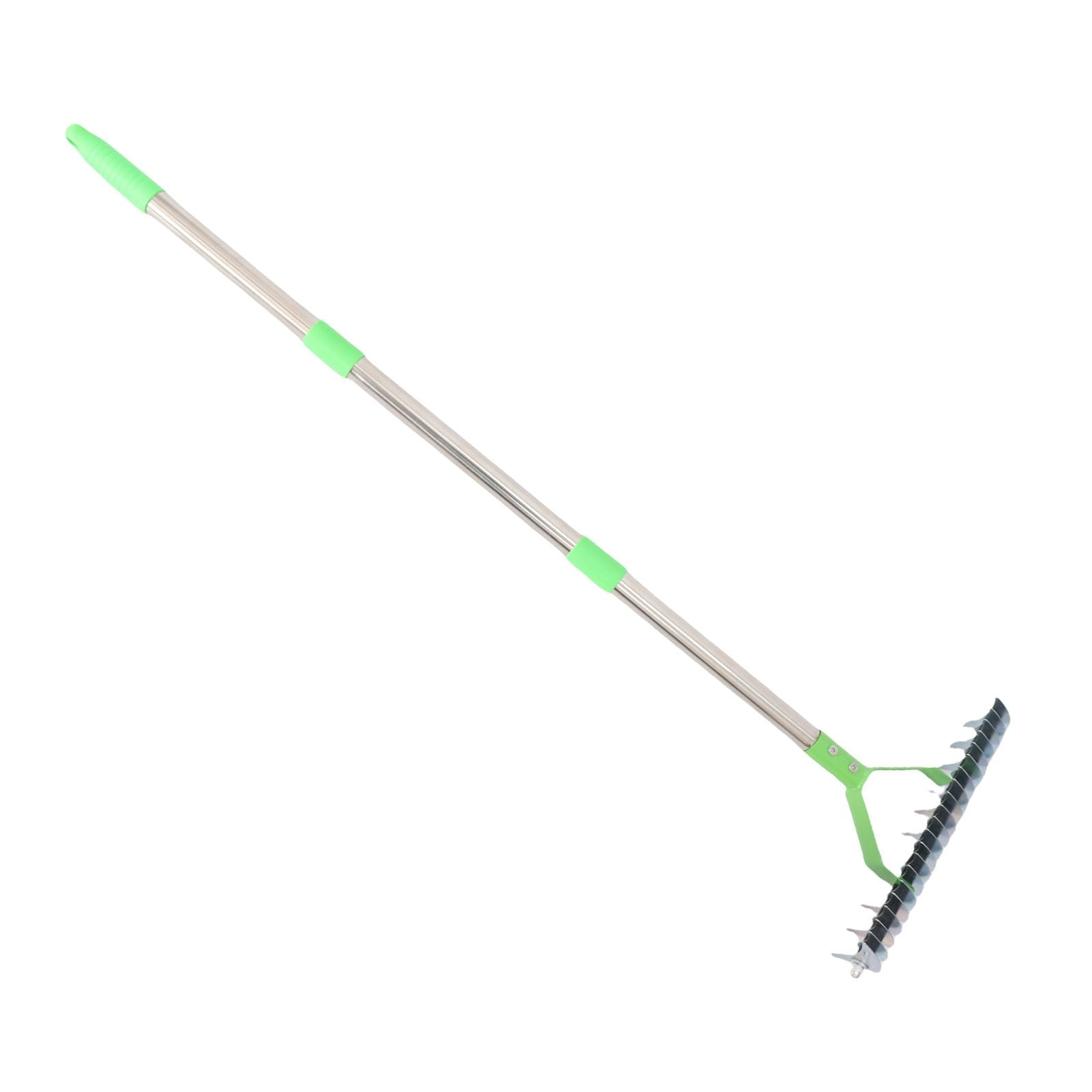 Rengue Rastrillo de Paja, Rastrillo de Césped, de Paja de 3 Secciones de Acero Inoxidable con Púas Curvas y Ergonómico para Techar, Fertilizar, Resiembra, Labrar