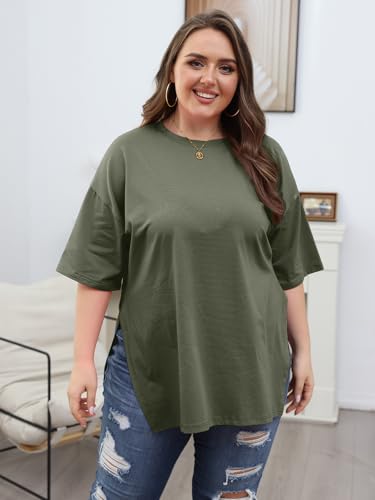 VNIRA Plus Size T Shirt for Women Oversized Cotton Short Sleeve Workout Top Loose Fit Side Split Casual Basic Tunic Top2