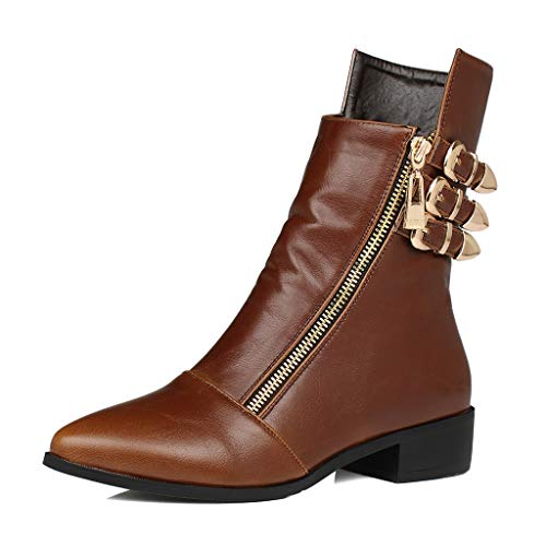 MIOKE Women's Pointed Toe Western Chelsea Ankle Boots Buckle Metallic Zipper Low Heel Riding Short Booties
