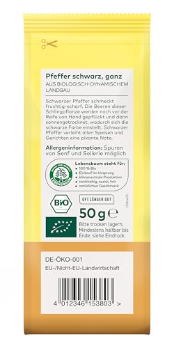 Lebensbaum Schwarzer Pfeffer, fruchtig scharfer Genuss, Bio-Pfeffer für Sossen, Beilagen aller Art, Ofengemüse & Fleisch, ganz, 50 g