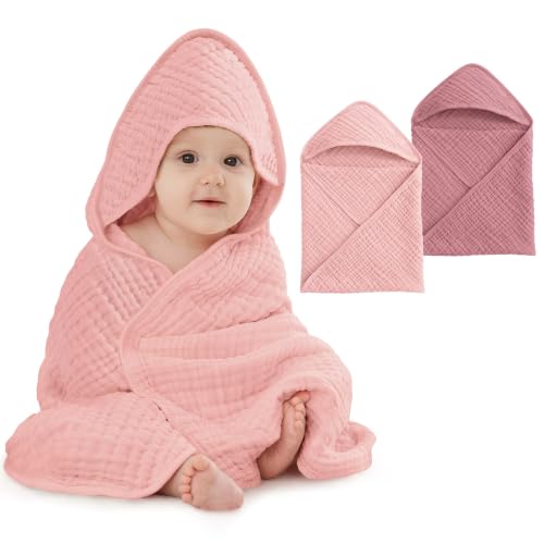 Image of Unnivoll Hooded Baby Towels for Newborn - 2 Pack, 100% Muslin Cotton, Baby Bath Towels with Hood, Soft and Absorbent for Girls Infant, Toddler and Kids, Large 32x32 Inches, Newborn Essential