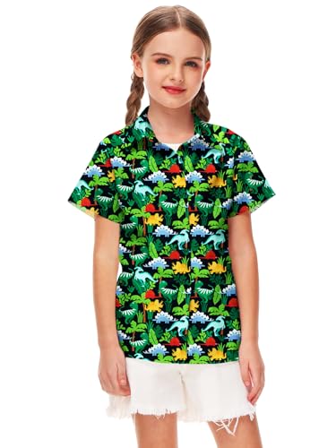 Image of Remimi Unisex Kids Hawaiian Button Up Shirt Boys Funny Print Aloha Beach Short Sleeve Tops 5-14 Years