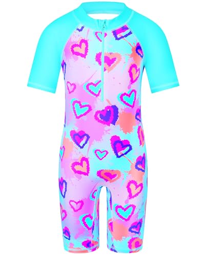 Image of TFJH E Short Sleeve Girls Swimsuits UV 50+ One Pieces Zipper 2-14Y | From beach vacations and pool parties to cruises and water parks, this colorful floral swimsuit is her summer favorite