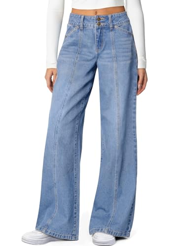 Sidefeel Women's Wide Leg Jeans High Waisted Stretchy Jeans Trendy Seamed Front Straight Leg Loose...