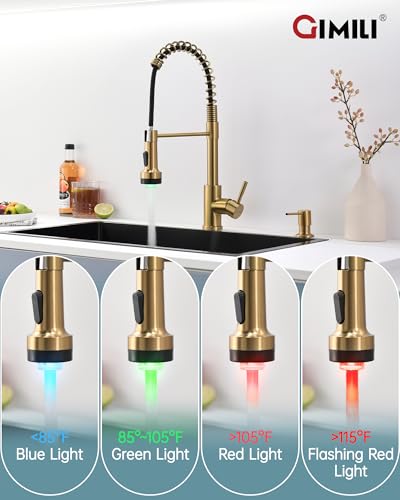 Image of GIMILI Gold LED Kitchen Faucet with Soap Dispenser, Modern Single Handle Spring Kitchen Sink Faucets with Pull Down Sprayer