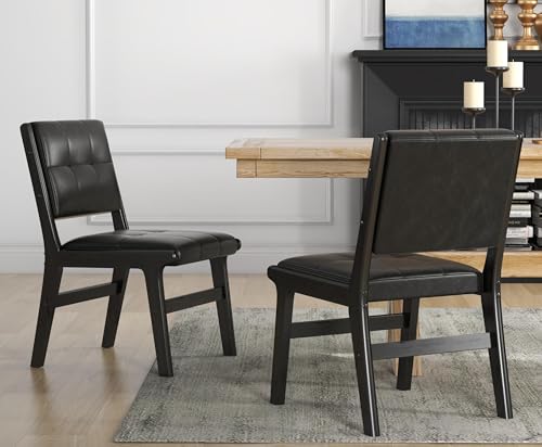 Image of KCC Modern PU Leather Dining Chairs Set of 4, Upholstered Kitchen Chairs with Solid Wood Legs and Comfortable Seat for Dining Room Lounge Bedroom(Black)