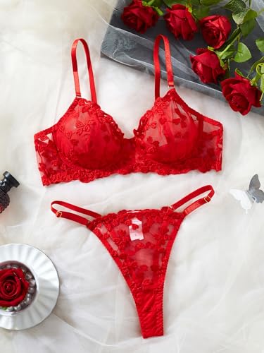 Image of Sexy Floral Embroidered Flower Mesh Underwire Push Up Lingerie Set