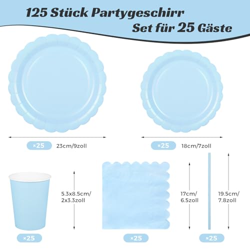 NatNarr 125 StüCk Partygeschirr Set für 25 Gäste, Partygeschirr Blau inklusive Geburtstag Teller Set, Becher, Servietten und Papierstrohhalme für Geburtstag Hochzeiten Babypartys