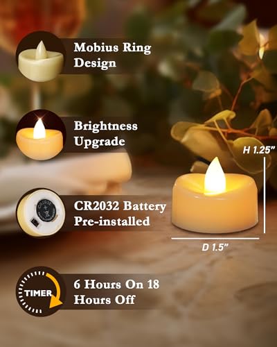 Image of merrynights LED Candles, 12 Pack Tea Lights with Timer, Flameless Tea Lights Candle Battery Operated Fake Votives for Halloween Diwali Christmas, 6 H On and 18 H Off, D 1.5 inch x H 1.25 inch