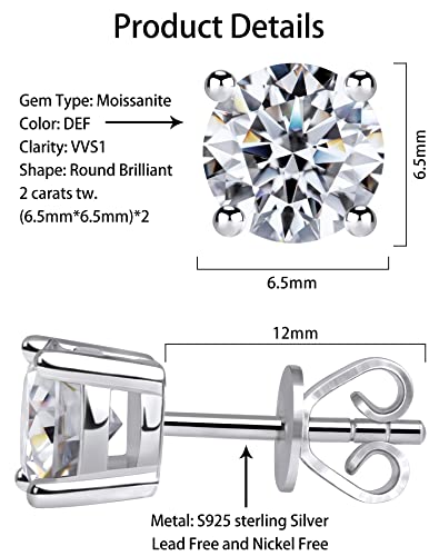 Moissanite Stud Earrings For Women Men, Nickel Free S925 Sterling Silver Hypoallergenic Earrings, 1Ct - 2Ct D Color Vvs1 Clarity Brilliant Round Cut Lab Created Diamond Earring Set Promise Birthday Christmas Gift (Classic 4 Prong, 1 Carats-(0.5Ct*2)-5Mm) #TOP1