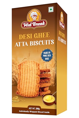 Image of MidBreak Atta Biscuits with Desi Ghee - Handmade, Eggless Vegetarian Cookies | Traditional Tea-Time Snack | 200g Pack- Pack of 1