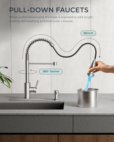 Image of FORIOUS LED Kitchen Faucet with Pull Down Sprayer, Brushed Nickel Modern Single Handle Stainless Steel Commercial Spring Sink Faucet with LED Light for Pot Filler, Farmhouse Camper Bar Laundry Room