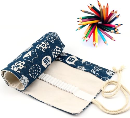Image of Canvas Pencil Wrap Case, 48 Holes Colored Pencil Roll Holder Storage Pouch for Office (72 Holes, Blue)