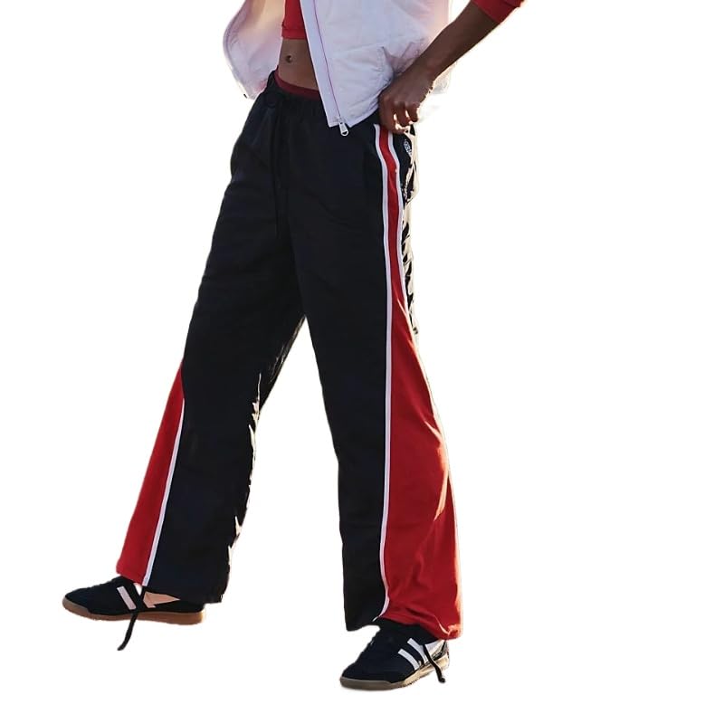 Womens Street Fashion Patchwork Contrast Wide Leg Sports Pants Patchwork Pocket Casual Straight Leg Pants