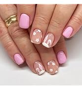 Easter Press on Nails Short, Glossy Pink Bunny Flower Square Fake Nails, Cute Pink Easter False N...