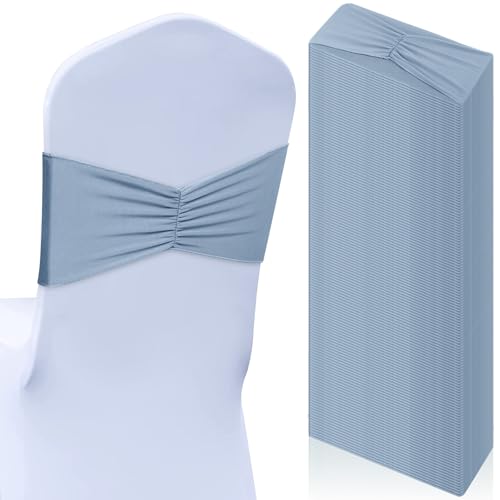 Moukeren 50 Pcs Spandex Chair Sashes Bows Stretch Chair Bands Slider Sashes Elastic Ties Ribbon Covers for Wedding Party Events Ceremony Birthday Banquet Decorations(Dusty Blue) by Moukeren - Used condition - US$33.69
