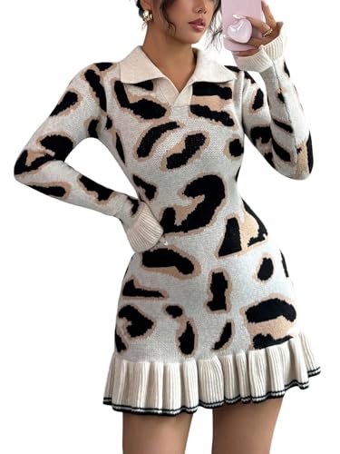 SweatyRocks Strickkleid Damen Winter Pulloverkleid Leo Kleid Langarm Winterkleider Elegant Bodycon Kleid Mit Leoprint Minikleid Blusenkleid...