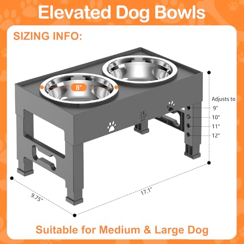 Elevated Dog Bowls with 2 Stainless Steel Bowls, Raised Dog Food Bowl Stand 5 Height Adjustable (3.1", 9", 10", 11", 12") Non-Slip Feeder Set for Medium and Large Dogs - Gray - Image 6