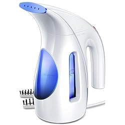 white and blue handheld steamer