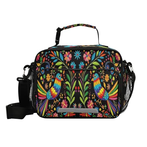 KOCOART Mexican Flower Embroidery Lunch Bag for Women Men Insulated Cooler Tote Bag with Adjustable Shoulder Strap Large Capacity Reusable Leakproof Picnic Lunch Box Outdoor for Adult Office