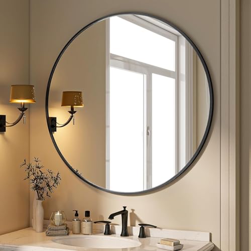 Image of Round Wall Mirror with Durable Wooden Frame - 24 inch (Black) | Modern Decorative Wall Hanging Mirror for Bathroom, Bedroom, Basin, Dressing Table, Entryway & Home Interior Decor