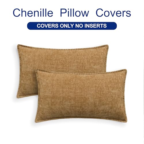 CaliTime Throw Pillow Covers Decorative 12 X 20 Inches Pack of 2 Cotton Thread Stitching Edges Solid Dyed Soft Chenille Cushion Case for Couch Sofa Bed Living Room Farmhouse Apricot Brown by CaliTime - Image 6