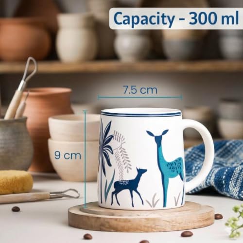 Image of Alive Blue Deer Art Printed Ceramic Tea /Coffee Mug Set of 2 (300 ml) | Microwave & Dishwasher Safe |Premium Ceramic Mugs for Home, Office & Gifting