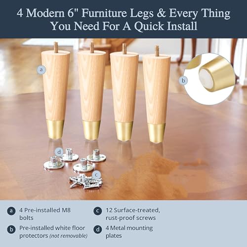 Ash Wood Furniture Legs With Gold Caps, Mid Century Legs for Sofa Armchair, Cabinet, Chair, Footstool, Bed - Image 2