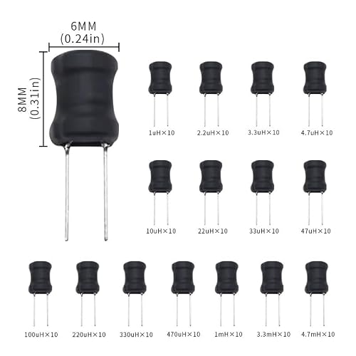 150pcs 15 vlaues 1uH-100mH 6 * 8 mm 0608 Inductor Pure Copper I-Shaped Inductor 1uH 2.2uH 3.3uH 4.7uH 10uH 22uH 33uH 47uH 100uH 220uH 330uH 470uH 1mH 3.3mH 4.7mH Radial Power Choke Inductors Kit
