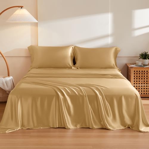 THXSILK Silk Sheet Set 4Pcs, 6A+ Top Grade 100% Natural Mulberry Silk Bed Sheets, Luxury Bedding Sets Ultra Soft Durable, 1 Fitted Sheet, 1 Flat Sheet and 2 Pillow Shams (Cal. King, Metallic Gold)