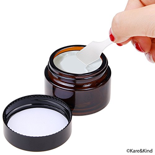 Kare & Kind Refillable Cosmetics Jars Kit - 4X Cosmetics Jars (Amber Glass), 4X Lids, 4X Inner Covers, 39X Labels + 4X Mini Spatula For Easy Filling - For Creams, Essential Oils, Powders, Etc. #TOP26