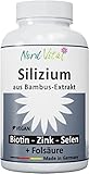 ❤️ EHRLICHE SILIZIUM-ANGABE - Silizium befindet sich im Bambus-Extrakt in Form von Siliziumdioxid. Nur ca. 75% des Bambusextrakts ist Siliziumdioxid und davon ca. 45% wiederum Silizium. Unser Produkt beispielsweise enthält 858 mg Bambus-Extrakt, dieser enthält ca. 640 mg Siliziumdioxid und hiervon ist 300 mg Silizium. Andere Hersteller geben den Siliziumdioxid-Gehalt an, als ob dieser das Siliziumgehalt wäre. Als Richtwert: in 500 mg Bambusextrakt kann es maximal ca. 175 mg Silizium geben.