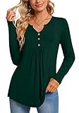 CATHY Womens Long Sleeve Tops 2025 Fall Fashion Henley Shirts Dressy Casual Pleated Tunic V-neck Button Down Blouses, M, Long Dark Green