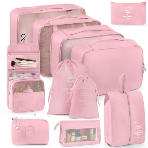 Anjing Lot de 11 cubes d'emballage pour valise, organiseurs de bagages, essentiels de voyage, organiseur de bagages, trousse de toilette à crochet, trousse de maquillage et sac à chaussures, rose