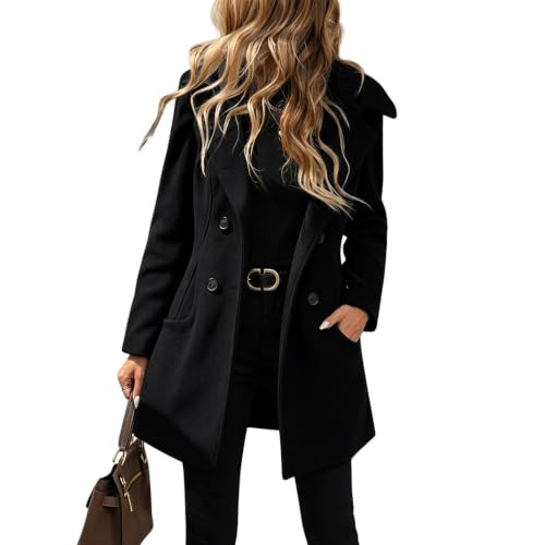 Pea Coats for Women Hooded Wool Blend Jacket Notched Lapel Long Jackets | Womens Wool Coats Trendy Mid Length Fitted Hooded Trench Jacket Business Casual Double Breasted Pea Coat Winter Warm Overcoat - image 2