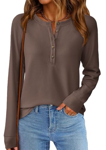 Image of PRETTYGARDEN Women's Long Sleeve Waffle Knit Henley Shirts Loose Tunic Tops